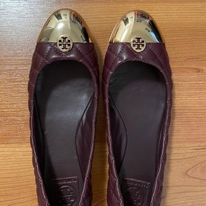 Tory Burch Kaitlin Ballet Leather Flats in Shiraz/Gold - Size 10
